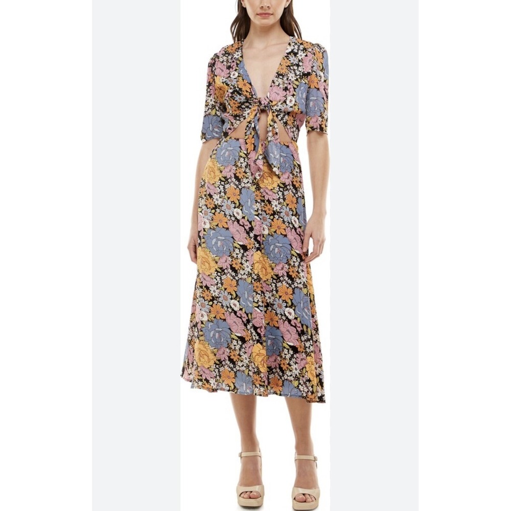 WAYF Rosalind Floral Print Midi Dress Size Small Cut Out Tie‎ Front Short Sleeve